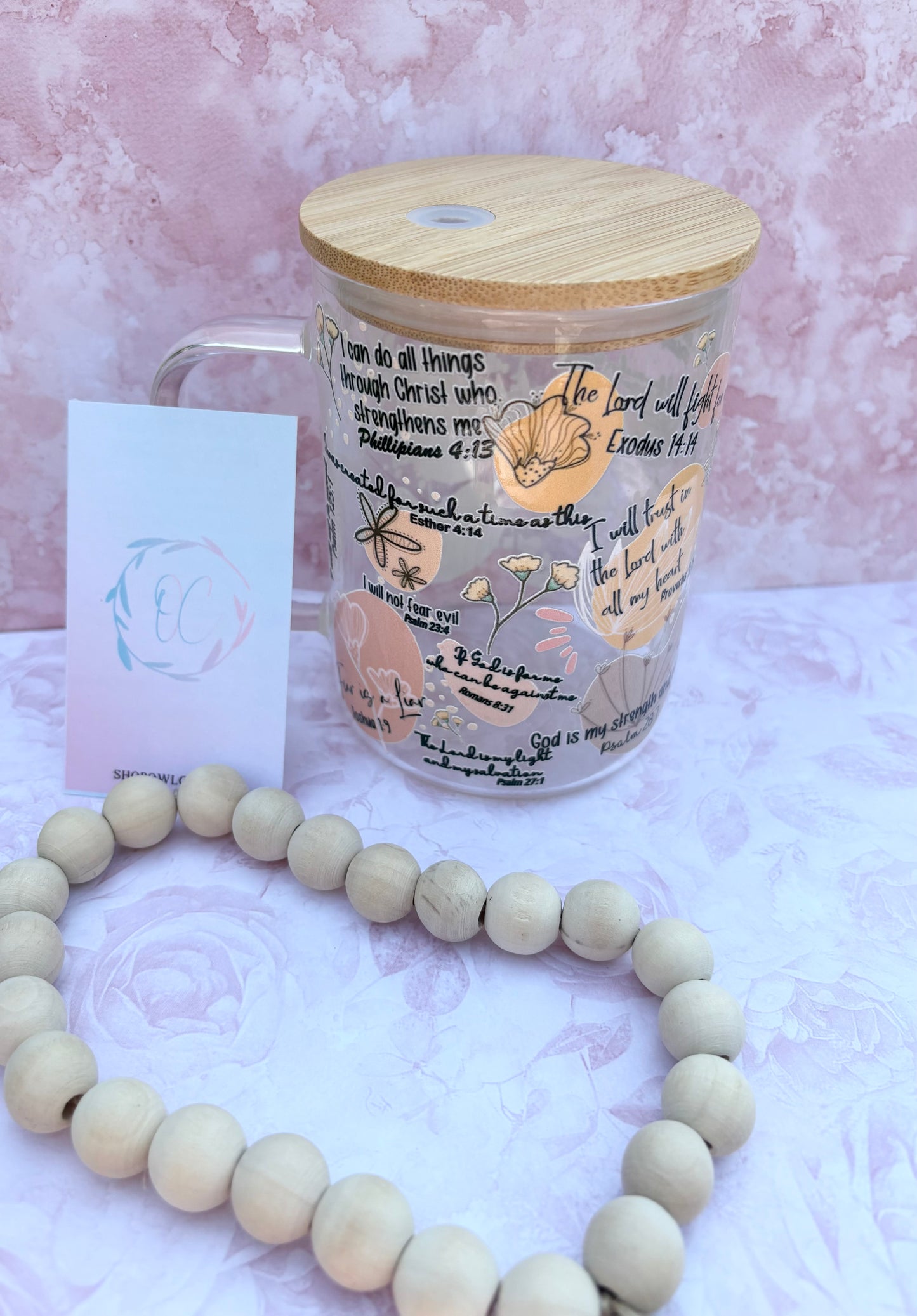 Christian Affirmations & Bible Verses Glass Mug | 15oz Mug with Bamboo Lid & Straw