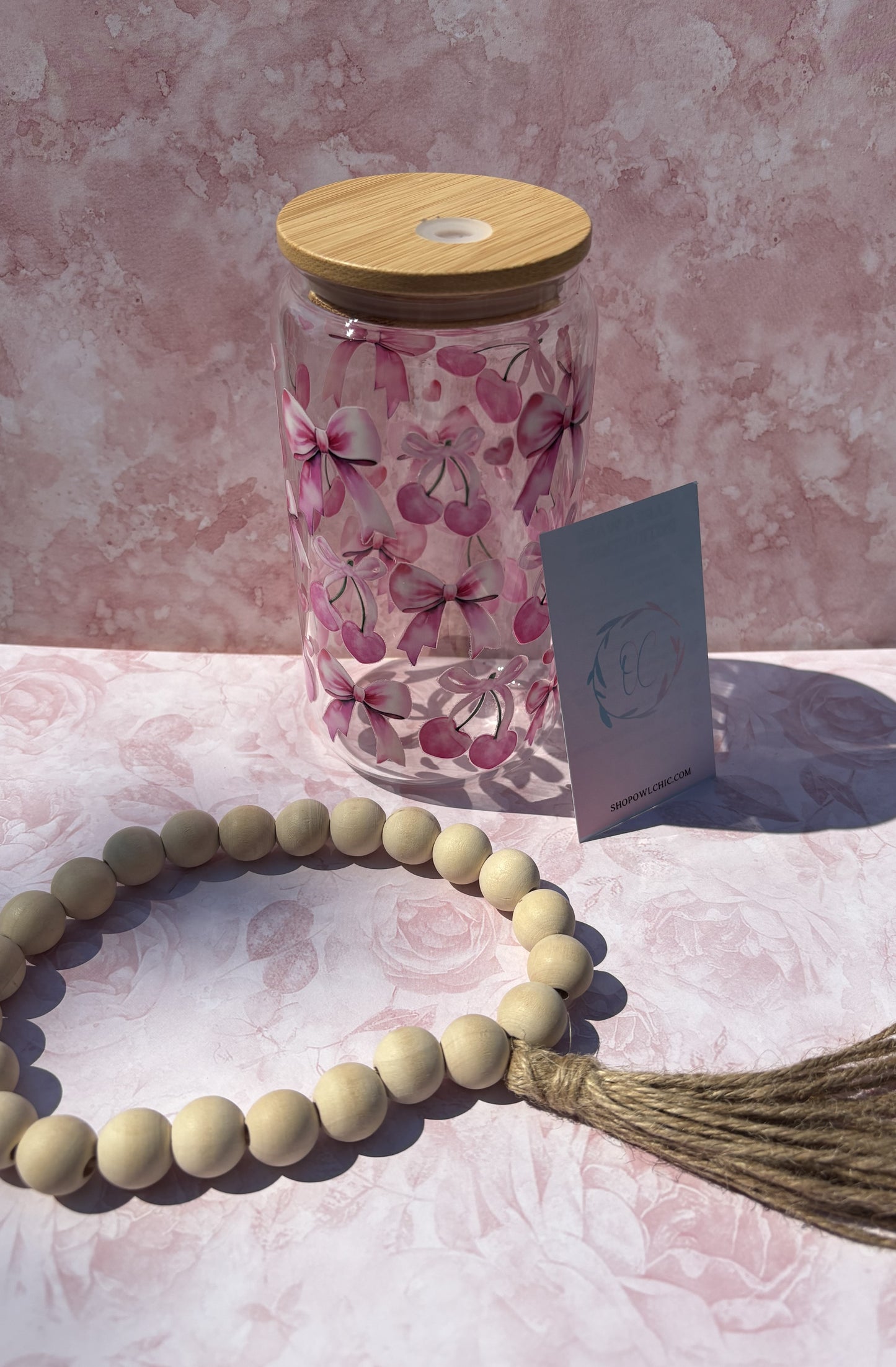 Pink Cherries & Bows 16 oz Glass Cup | Bamboo Lid & Glass Straw