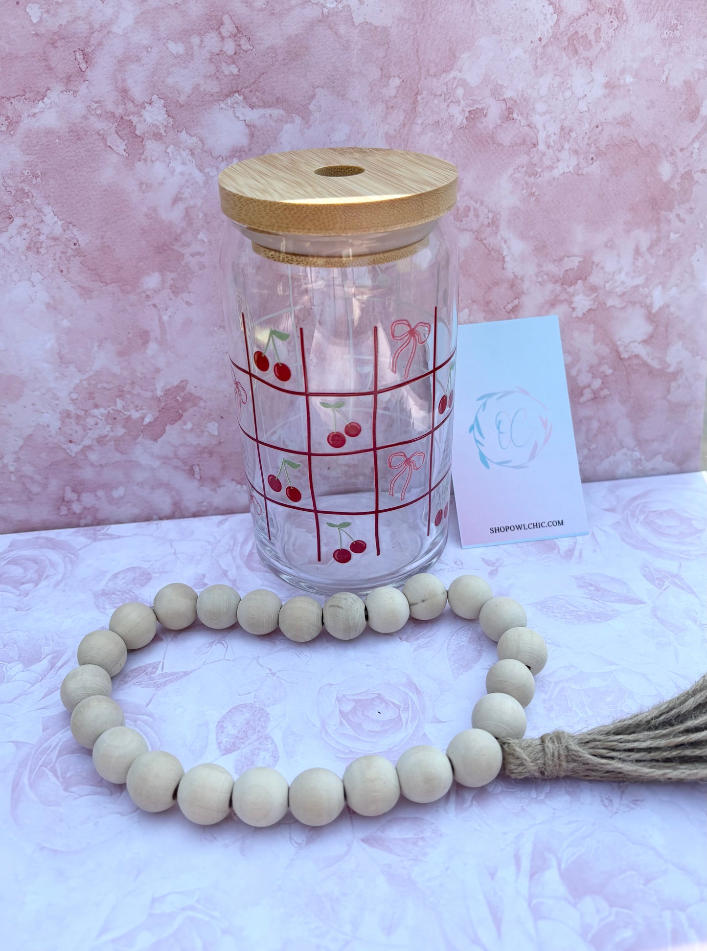 Cherry Grid Pattern Glass Cup | 16oz Dishwasher-Safe Cup with Bamboo Lid & Glass Straw