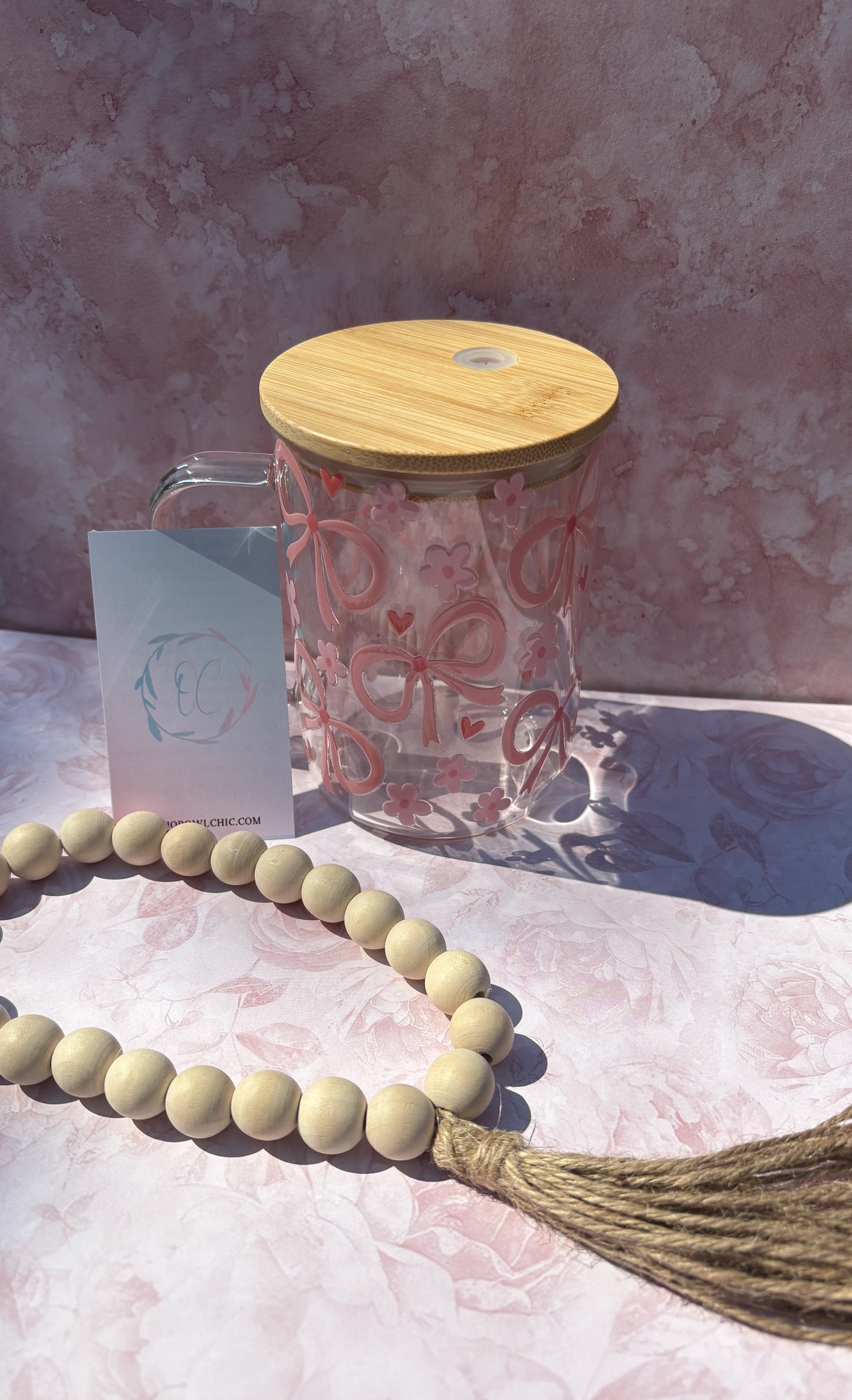 Coquette Bows, Flowers & Hearts 15oz Glass Mug| Pink or Blue | Bamboo Lid & Glass Straw