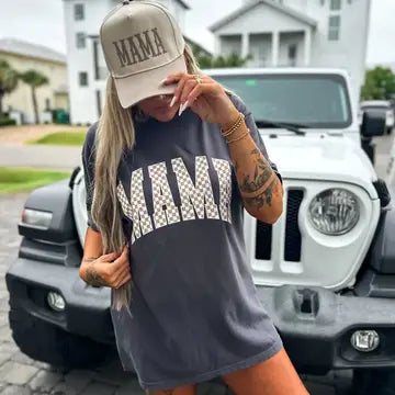 Mama Checkered Graphite Tee | Comfort Colors Vintage-Style Shirt | Trendy & Comfortable Mama Apparel