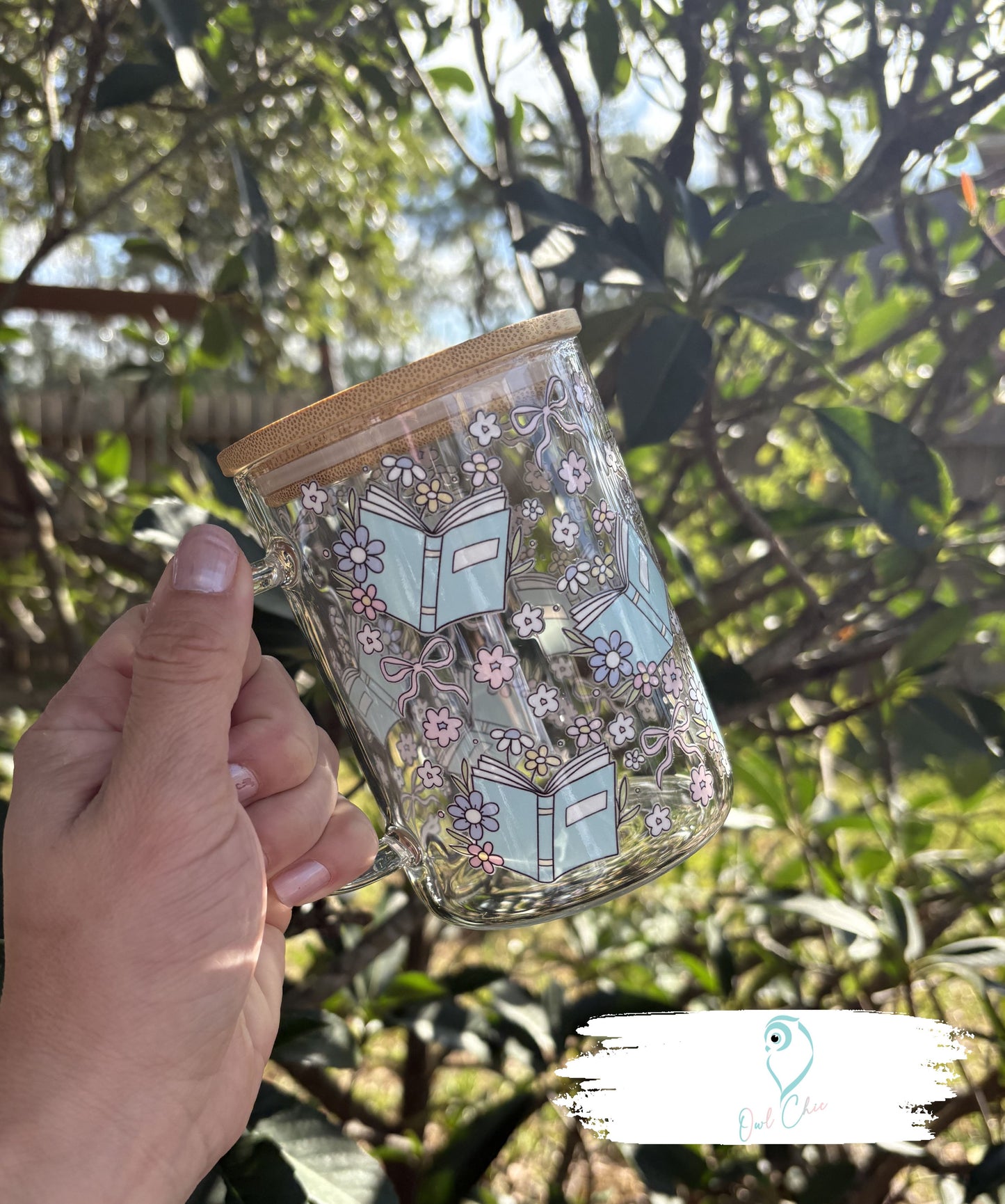 Blue Books & Florals Mug | 15 oz. Glass Mug with Bamboo Lid & Glass Straw