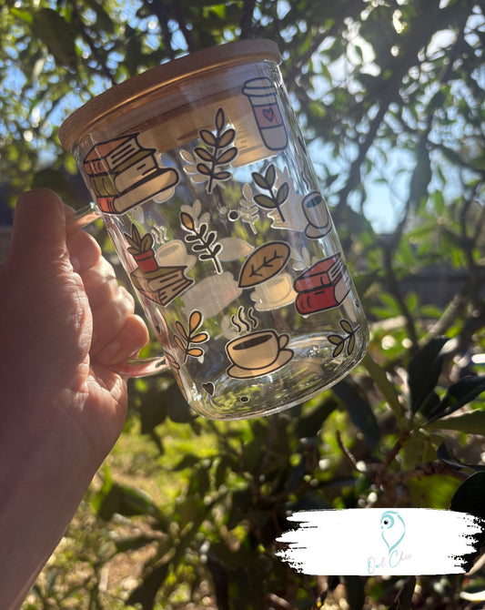 Coffee and Books Mug| 15 oz. Glass Mug with Bamboo Lid & Glass Straw