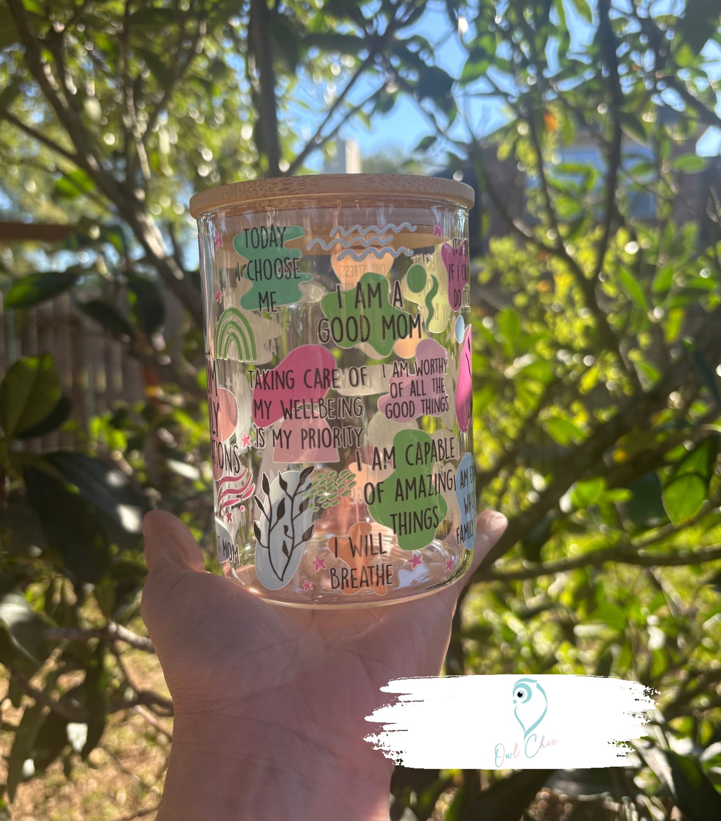 Mom Daily Affirmation Mug | 15 oz. Glass Mug with Bamboo Lid & Glass Straw