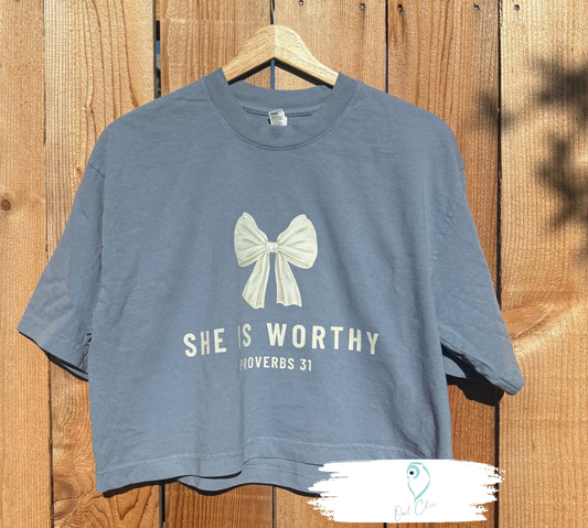 She Is Worthy Proverbs 31 Crop Tee | Christian Women's Bow Graphic Oversized Crop