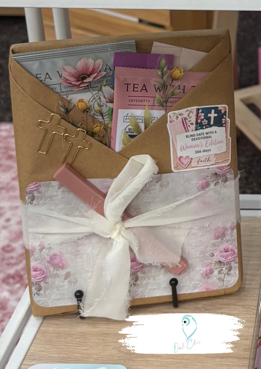 Women's devotional journal wrapped as a blind date book gift with faith-inspired packaging.