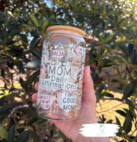 BOHO Mom Daily Affirmations 16 oz. Glass Cup | Includes Bamboo Lid and Glass Straw