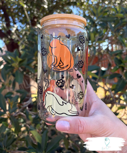 Boho Cats 16 oz. Glass Cup | Bamboo Lid & Glass Straw