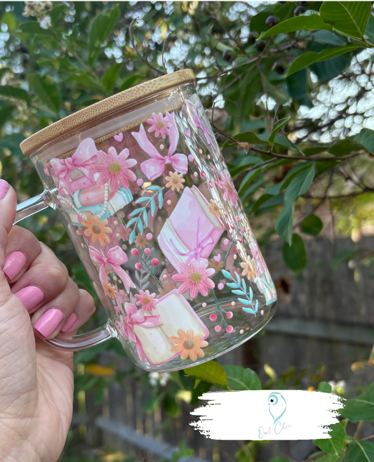 Pink Books, Pearls & Bows 15 oz Glass Mug | Bamboo Lid & Glass Straw