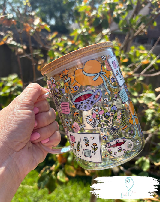 Cottagecore & Tea Time Glass Mug | 15 oz Mug with Bamboo Lid & Straw