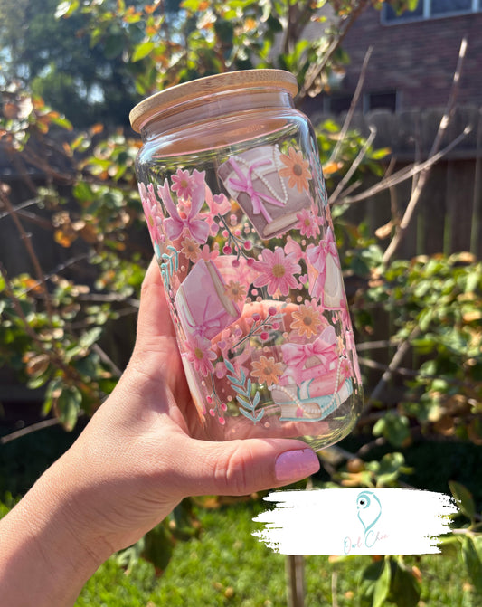 Pink Books, Pearls & Bows 16 oz Glass Cup | Bamboo Lid & Glass Straw