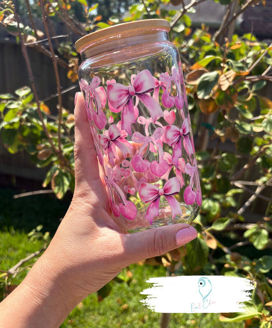 Pink Cherries & Bows 16 oz Glass Cup | Bamboo Lid & Glass Straw