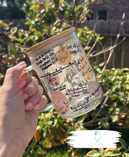 Christian Affirmations & Bible Verses Glass Mug | 15oz Mug with Bamboo Lid & Straw