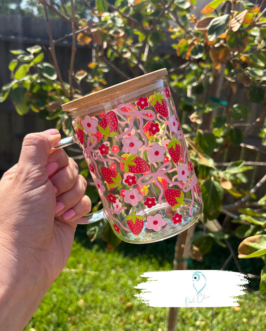 Coquette Pink Bows, Flowers & Strawberries Glass Mug | 15 oz Mug with Bamboo Lid & Straw