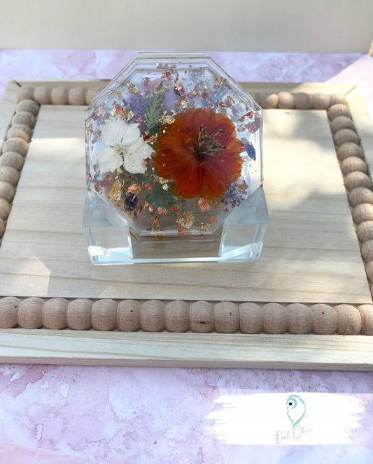 Dried Flower Resin Coaster Set | Orange Flowers & Gold Flakes | 4 Octagon Coasters + Holder