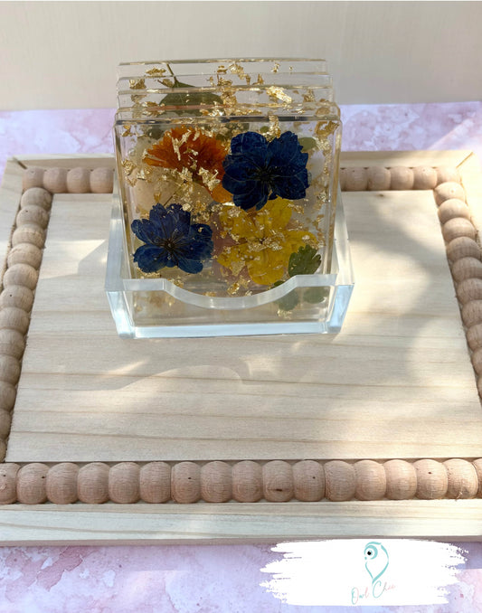 Dried Flower Resin Coaster Set | Blue Flowers & Gold Flakes | 5 Square Coasters + Holder