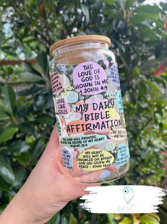 Daily Bible Affirmations Clear 16 oz. Glass Cup (Version 1)  | Includes Bamboo Lid and Glass Straw