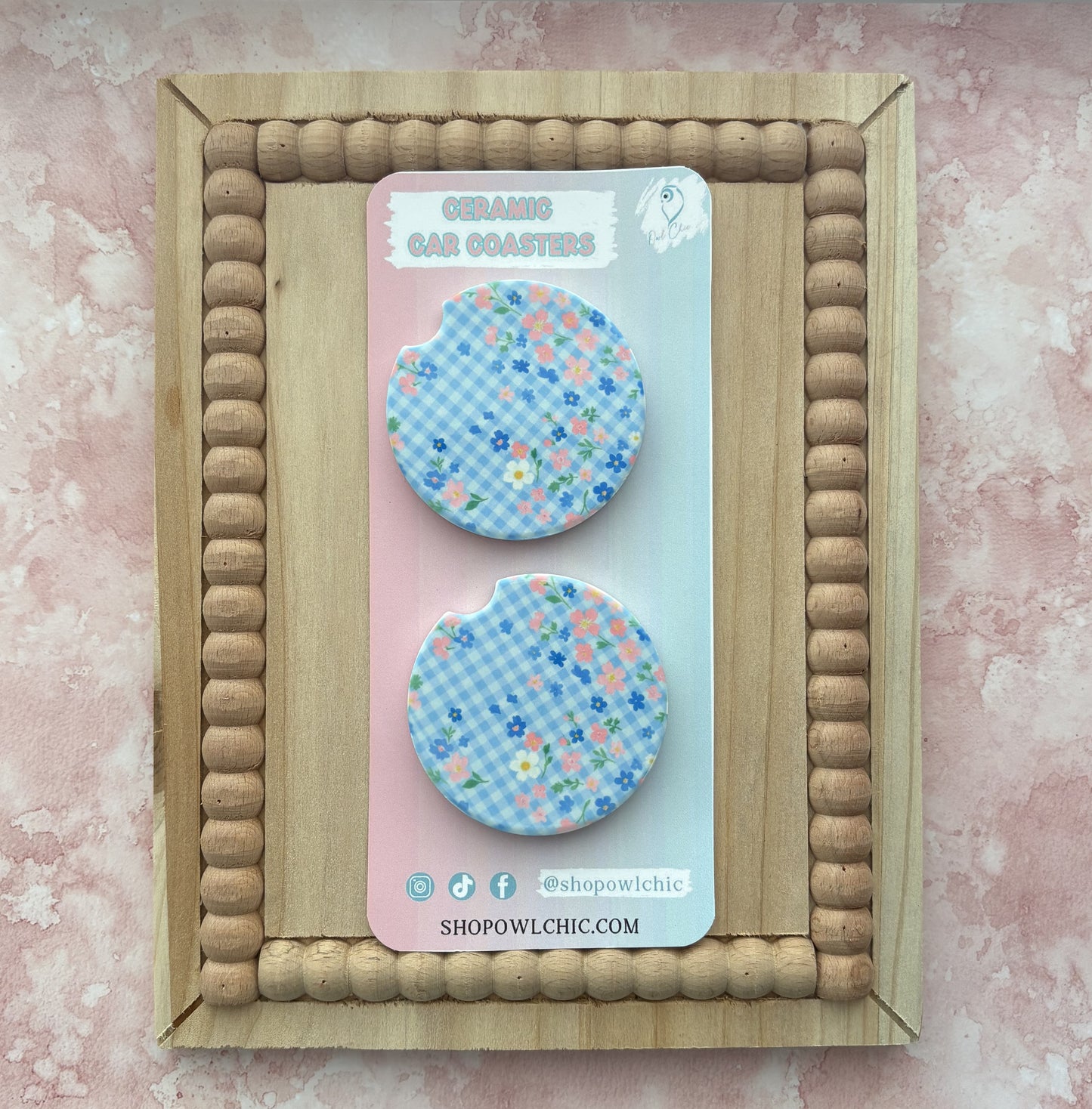 Blue Flowers & Blue Gingham Ceramic Coasters Set of 2 | Floral, Bow & Decorative Designs
