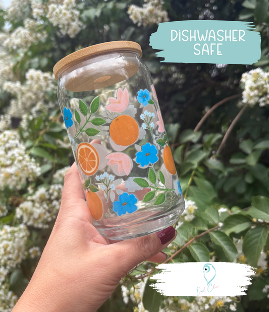 Oranges & Blue Flowers (dishwasher safe) Glass Cup | Bamboo Lid & Glass Straw