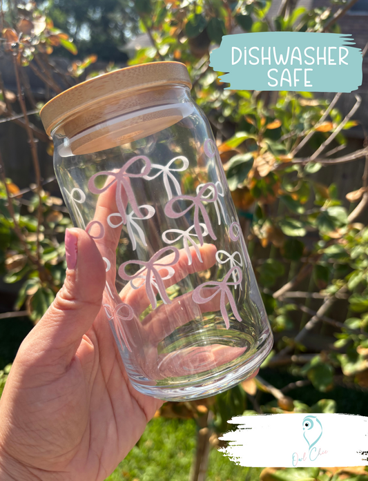 Pink Coquette Bows Glass Cup | 16oz Dishwasher-Safe Glass with Bamboo Lid & Straw