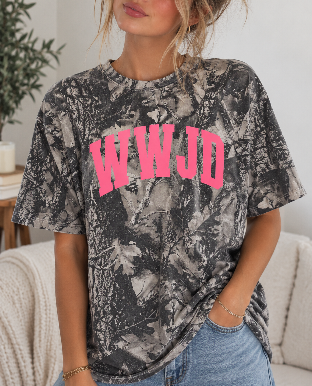 WWJD Pink Camo Shirt | What Would Jesus Do Christian Graphic Tee Gray Camouflage