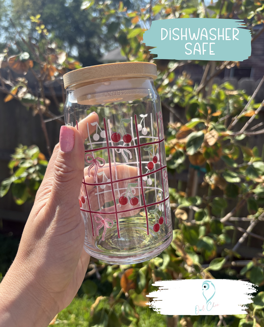 Cherry Grid Pattern Glass Cup | 16oz Dishwasher-Safe Cup with Bamboo Lid & Glass Straw