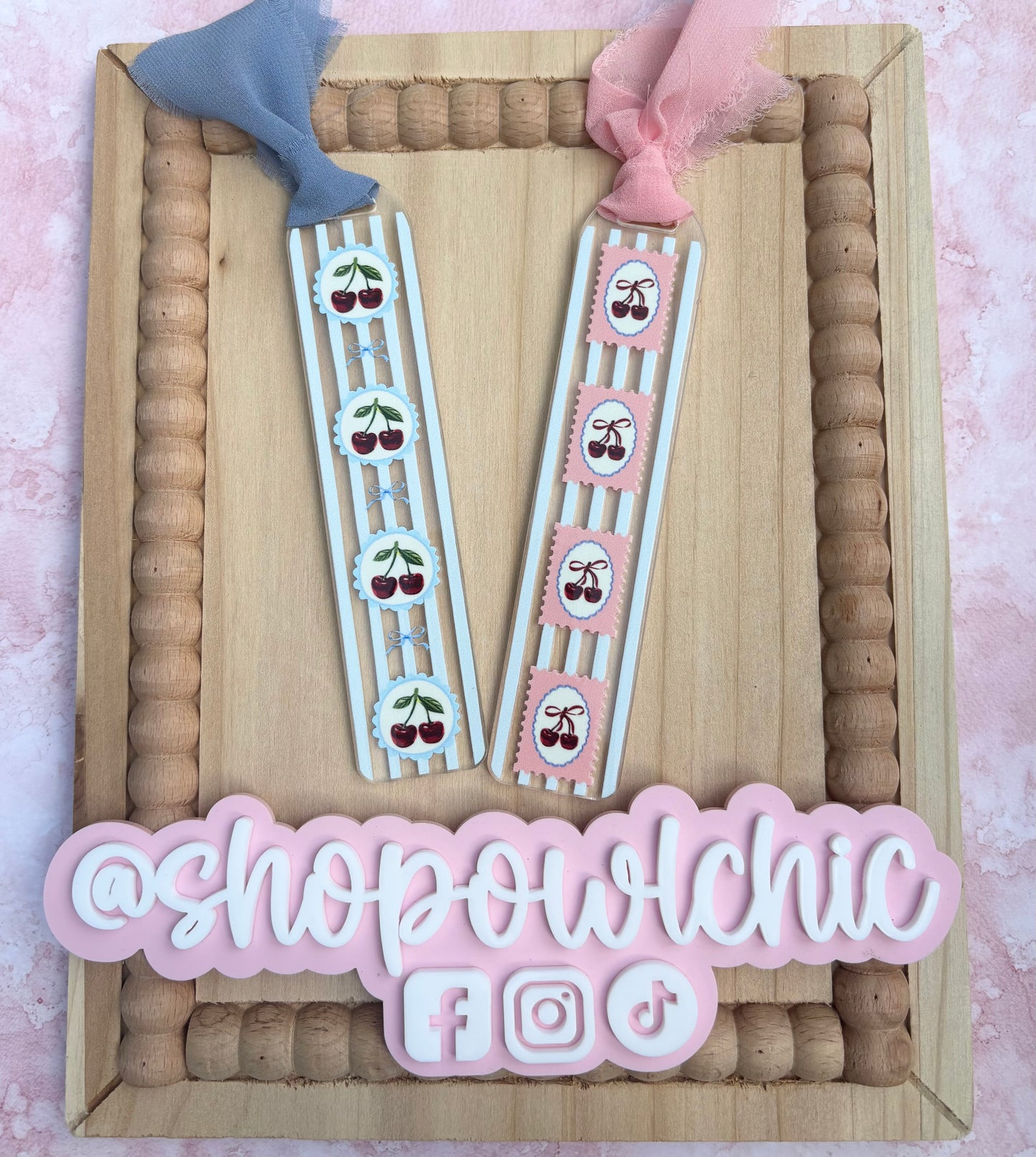 Cherry Stamp Striped Acrylic Bookmark | Cute Retro Girly Aesthetic Book Lover Gift