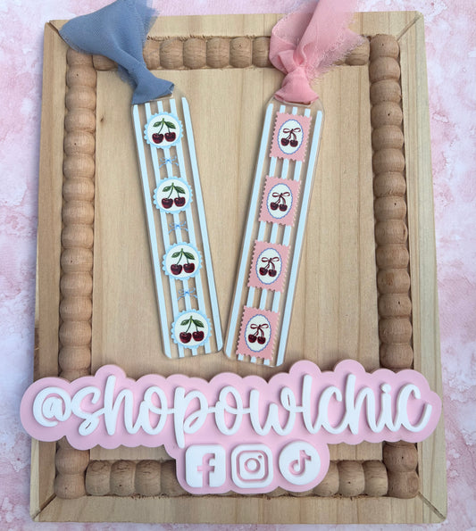 Cherry Stamp Striped Acrylic Bookmark | Cute Retro Girly Aesthetic Book Lover Gift
