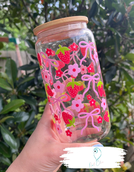 Coquette Pink Bows, Flowers & Strawberries 16 oz. Glass Cup | Bamboo Lid & Glass Straw