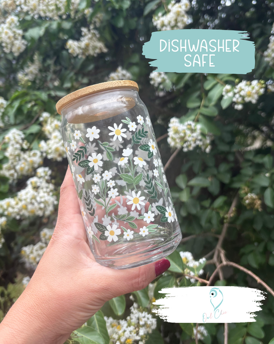 Daisy Meadow (dishwasher safe) Glass Cup | Bamboo Lid & Glass Straw
