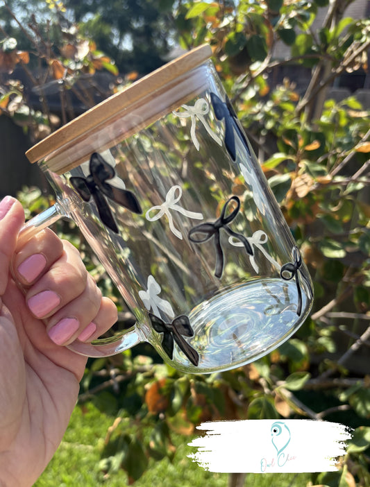 Black Coquette Bows Glass Mug | 15oz Mug with Black Bows, Bamboo Lid & Straw