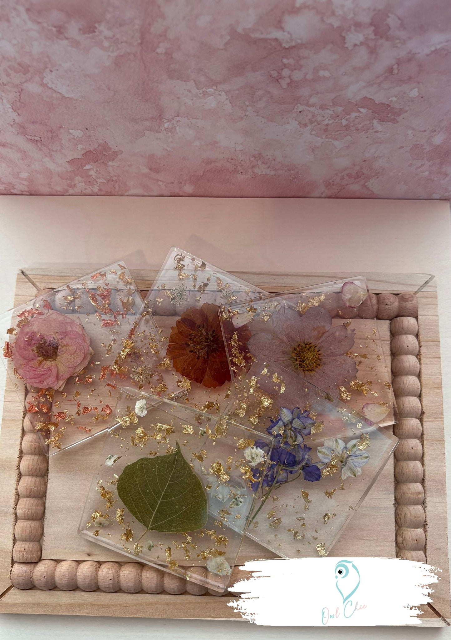 Dried Flower Resin Coasters | Green Leaf & Gold Flakes