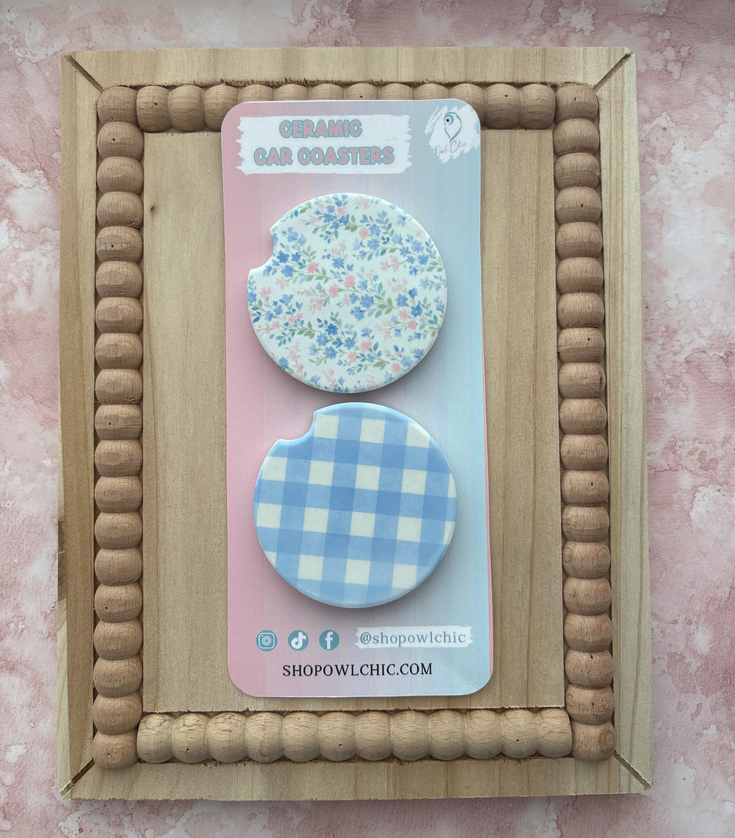 Flowers & Gingham Ceramic Coasters Set of 2 | Floral, Bow & Decorative Designs
