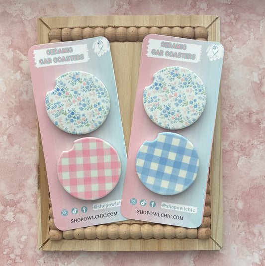 Flowers & Gingham Ceramic Coasters Set of 2 | Floral, Bow & Decorative Designs