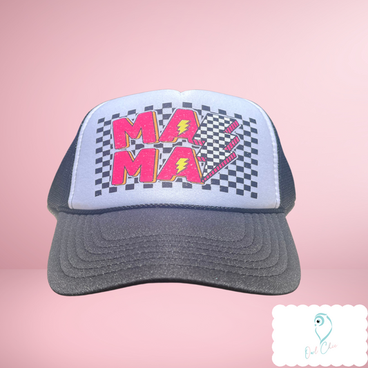 Black and white Otto 5 panel trucker hat with Mama design and checkered lightning bolt 