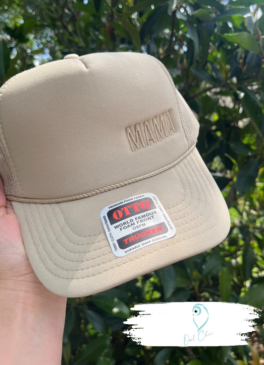 Embroidered Mama Otto 5 Panel Trucker Hat | Neutral Mesh Back Mom Cap