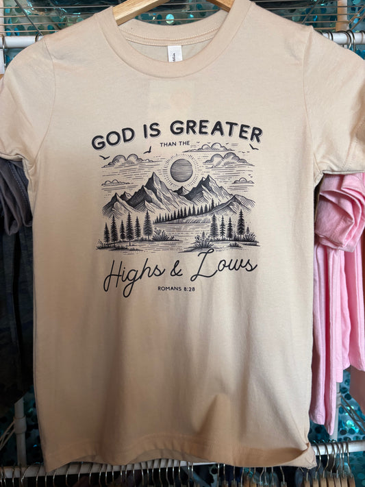 God Is Greater Than the Highs and Lows Youth T-Shirt | Romans 8:28 Christian Kids Tee