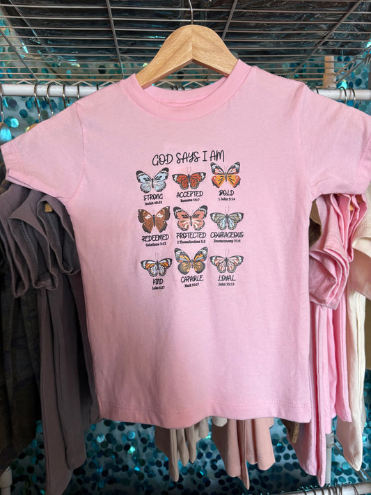 God Says I Am Youth Tee | Christian Kids Butterfly Scripture Shirt