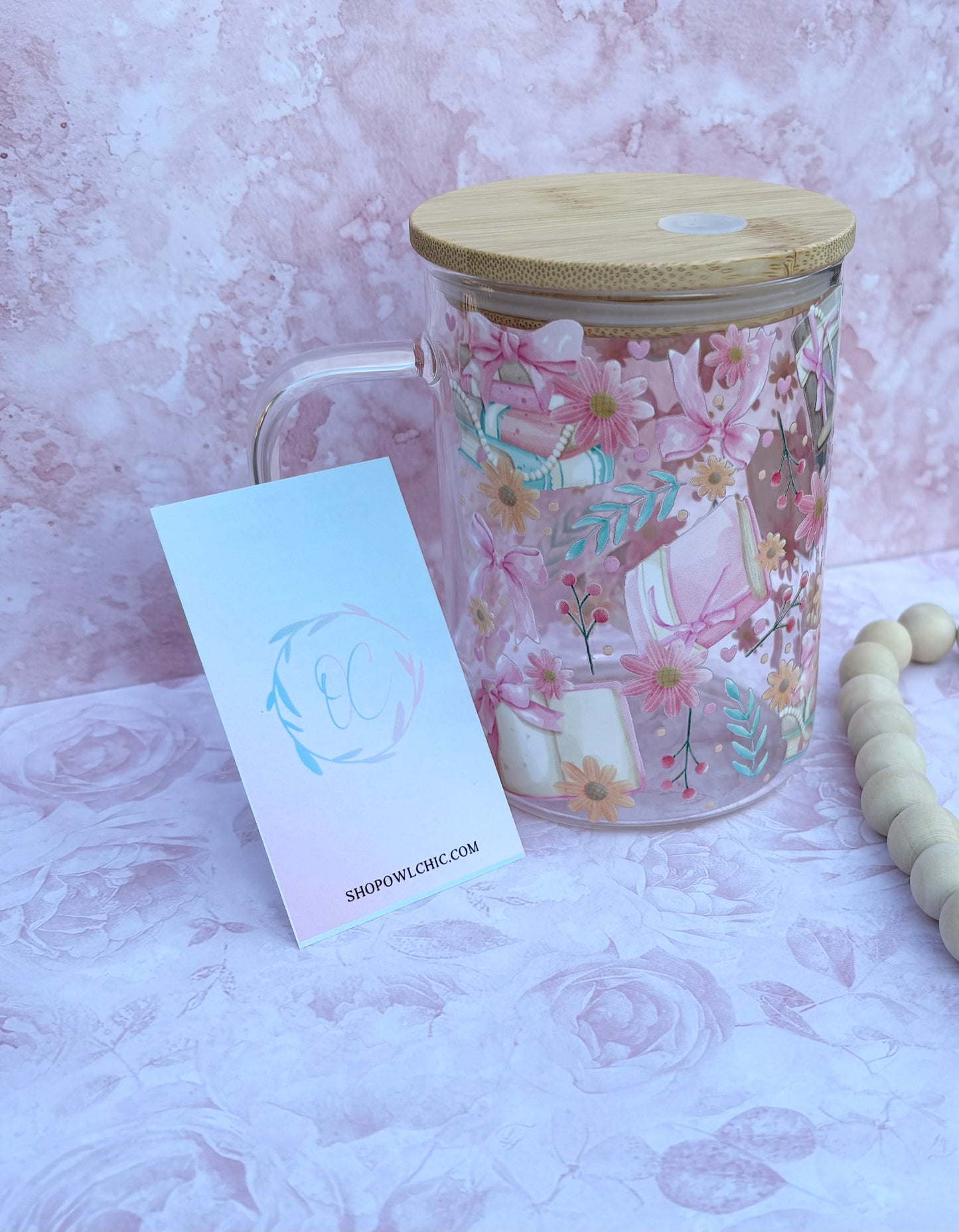 Pink Books, Pearls & Bows 15 oz Glass Mug | Bamboo Lid & Glass Straw