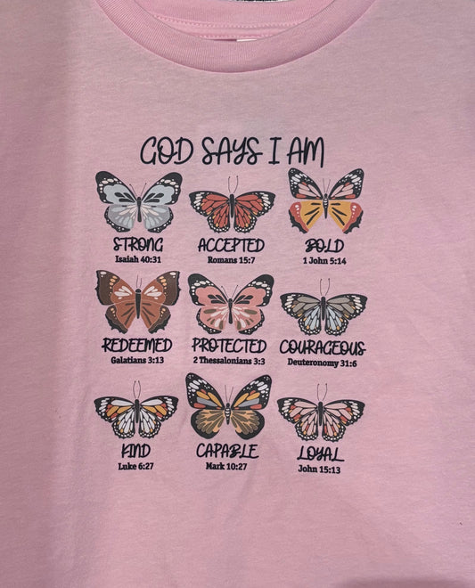 God Says I Am Youth Tee | Christian Kids Butterfly Scripture Shirt