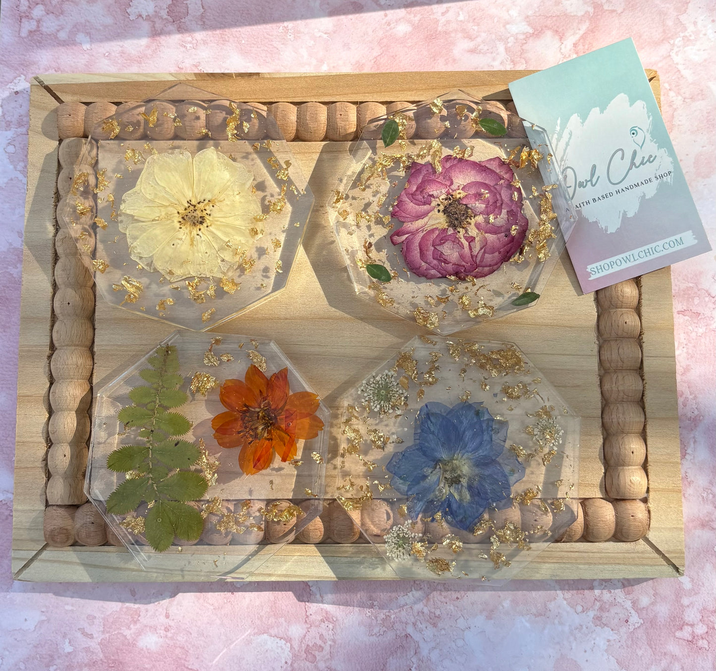 Dried Flower Resin Coaster Set | White, Purple, and Blue Flowers & Gold Flakes | 4 Octagon Coasters + Holder