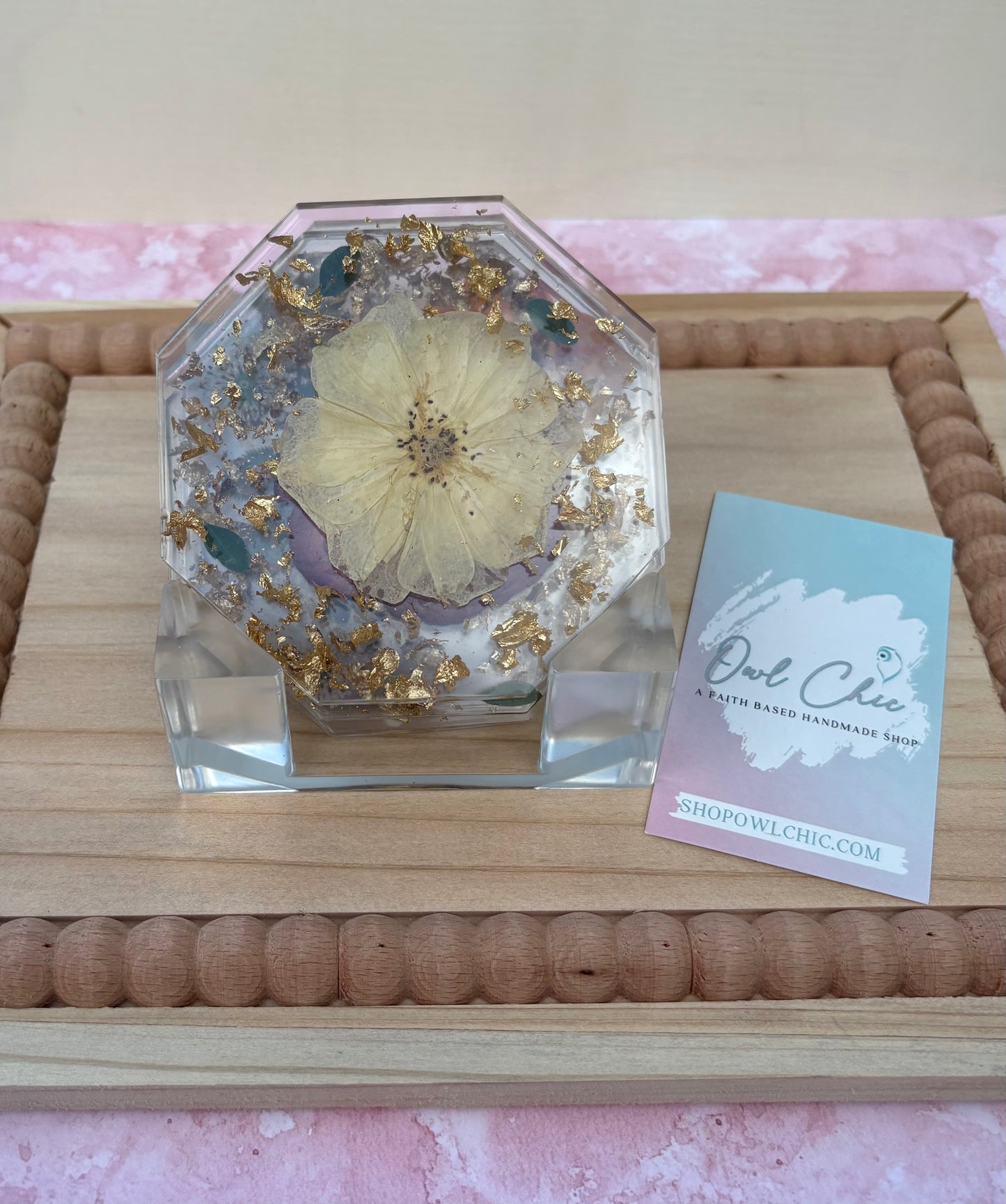 Dried Flower Resin Coaster Set | White, Purple, and Blue Flowers & Gold Flakes | 4 Octagon Coasters + Holder