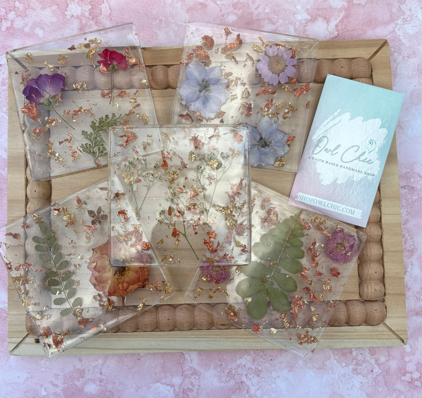 Dried Flower Resin Coaster Set | Purple Flowers, Orange & Gold Flakes | 5 Square Coasters + Holder