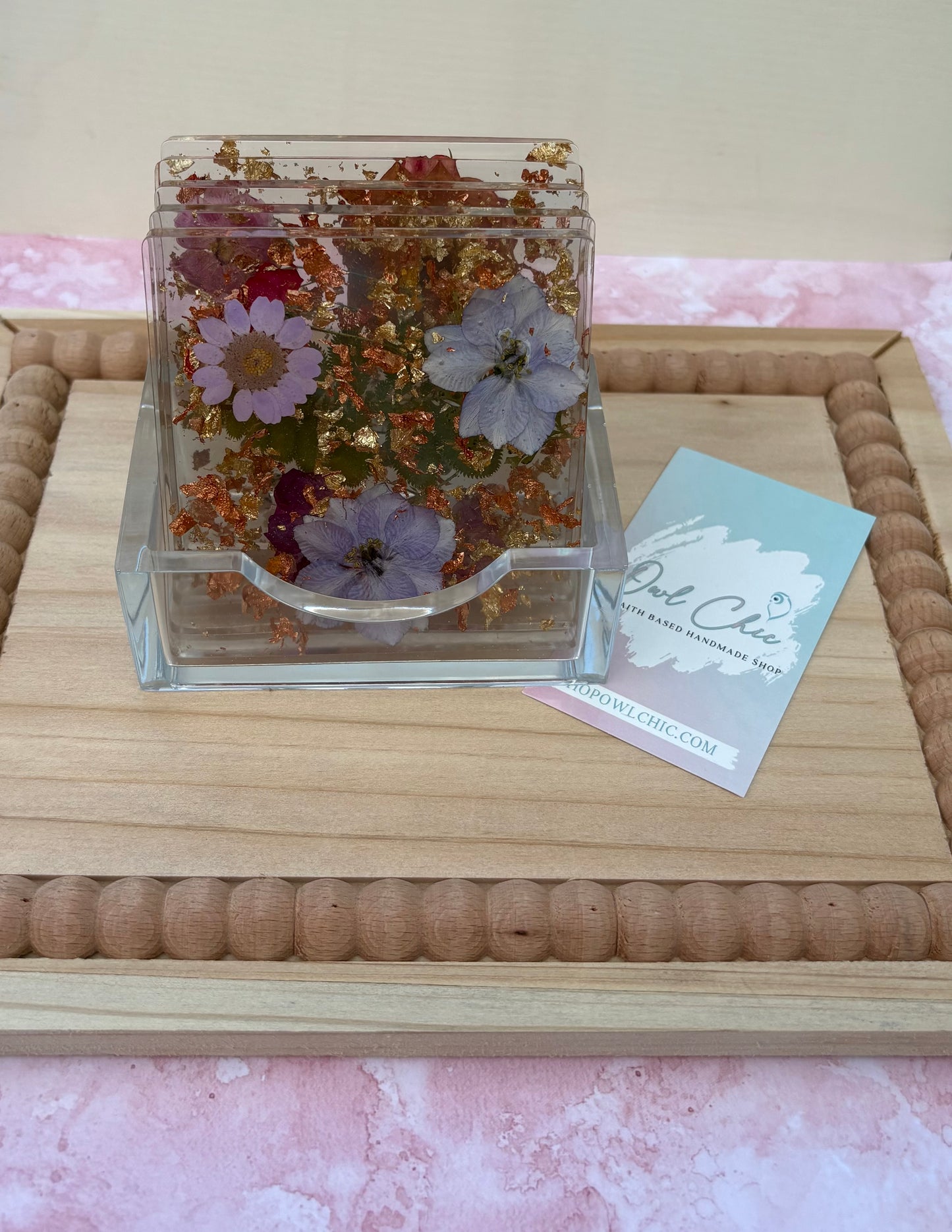 Dried Flower Resin Coaster Set | Purple Flowers, Orange & Gold Flakes | 5 Square Coasters + Holder