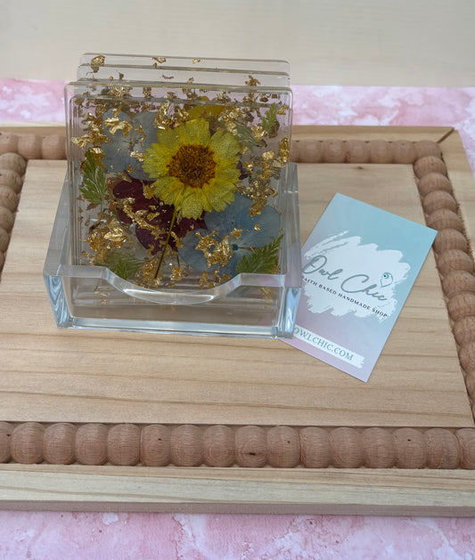 Dried Flower Resin Coaster Set | Yellow Flowers & Gold Flakes | 5 Square Coasters + Holder