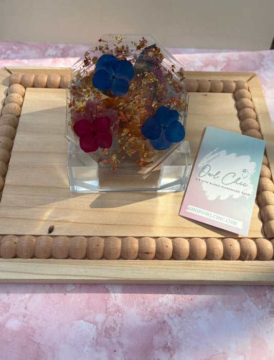 Dried Flower Resin Coaster Set | Blue, Purple, and Orange Flowers & Gold Flakes | 4 Octagon Coasters + Holder
