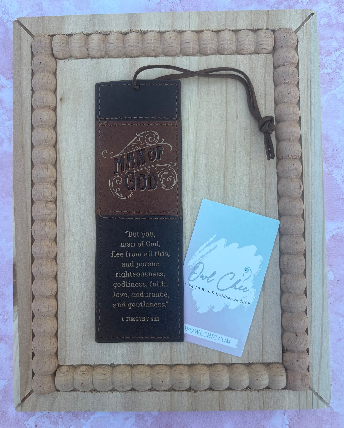 Man of God Bookmark | 1 Timothy 6:11 Brown Faux Leather Christian Bookmark for Men