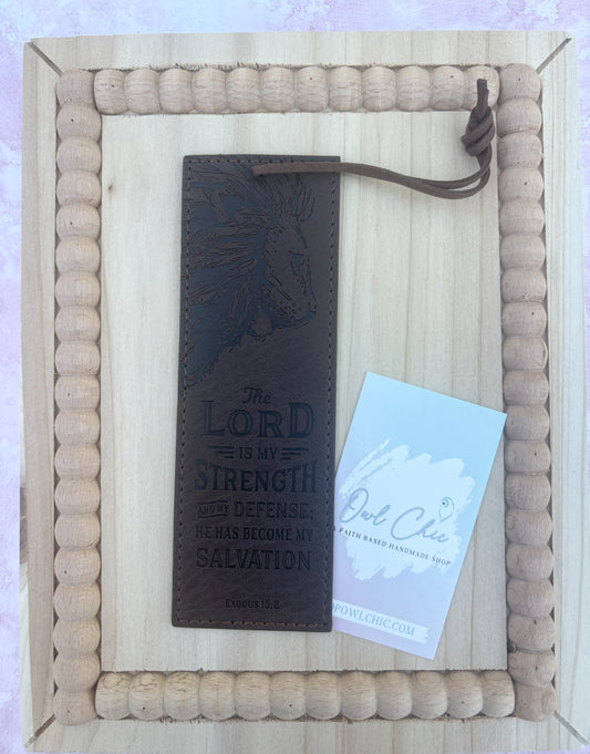 The Lord Is My Strength and My Defense Bookmark | Exodus 15:2 Brown Faux Leather Christian Bookmark for Men