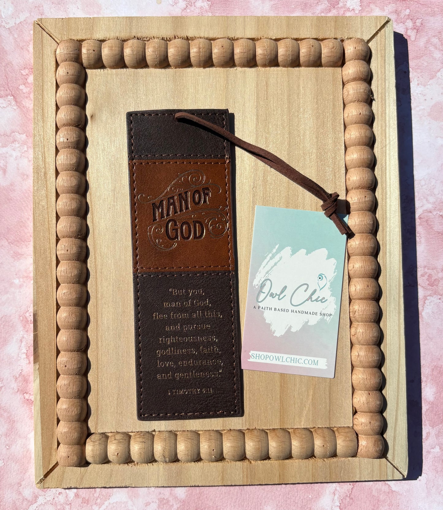 Man of God Bookmark | 1 Timothy 6:11 Brown Faux Leather Christian Bookmark for Men