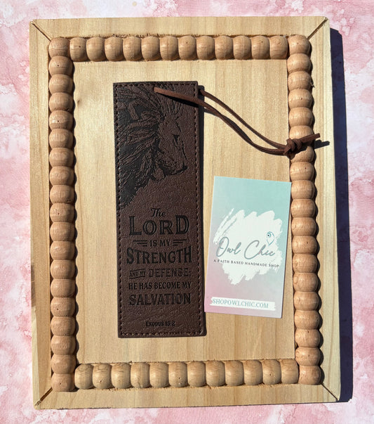 The Lord Is My Strength and My Defense Bookmark | Exodus 15:2 Brown Faux Leather Christian Bookmark for Men